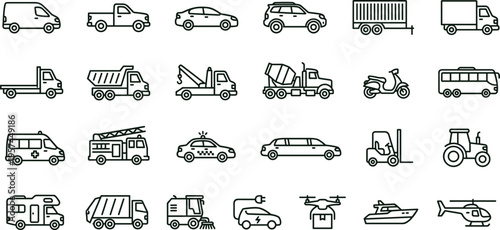 Commercial vehicle fleet outline icon set featuring transportation trucks vans emergency equipment interface symbols for logistics applications