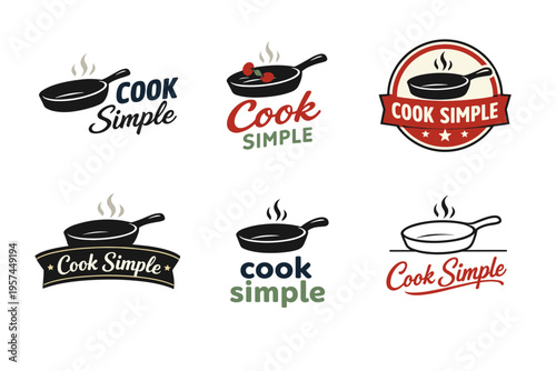 Cook simple logo set: frying pan designs with text variations