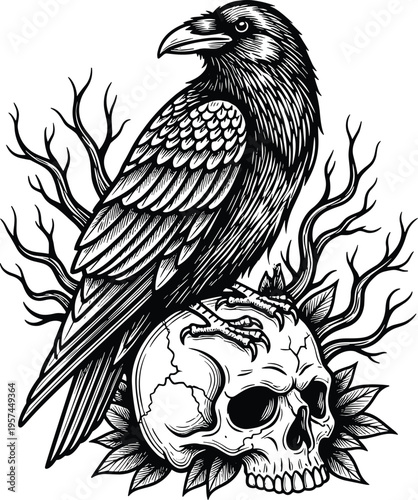 Raven perched on skull, gothic dark art, death symbolism illustration, eerie branches design, supernatural mystery graphic, black and white drawing
