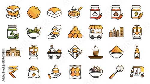Mumbai Vada Pav and Street Food Icon Set in Linear Style. A collection of linear icons including Vada Pav, chai, train, rickshaw, chutney, Gateway of India, spices, snack