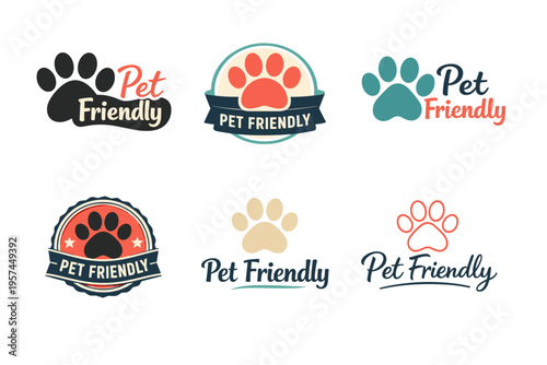 Set of six pet friendly logos featuring paw designs