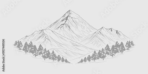 Mount Everest layered landscape line art with forest foreground Himalayan Nepal vector illustration