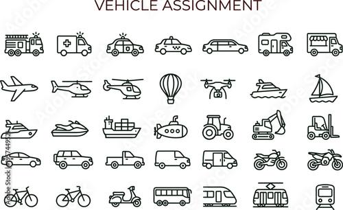 Vehicle assignment outline icon set featuring transportation fleet selection cars trucks aircraft marine interface symbols for logistics applications