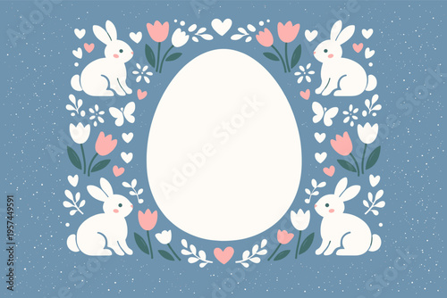 Easter background with bunnies, tulips, hearts, and an egg on blue speckled background