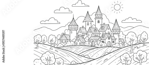 Fantasy castle in a rolling hill landscape with sun and clouds