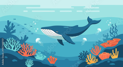 Vibrant Underwater Scene with Blue Whale, Jellyfish, and Coral Reefs