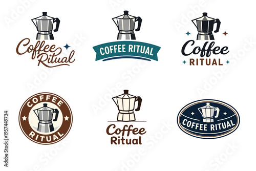 Coffee ritual moka pot logo designs in various styles and colors