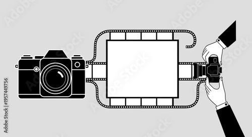 Vintage Camera and Film Reel Connect to Modern Digital Camera for Photography Concept