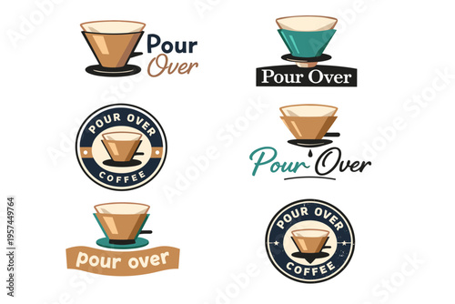 Various pour over coffee logo designs featuring coffee drippers and cups