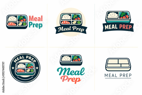 Meal prep logos featuring bento boxes with rice and vegetables
