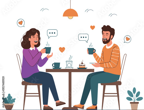 Happy Young Couple Enjoying a Romantic Date at a Cafe While Drinking Coffee and Talking with Love Hearts and Speech Bubbles