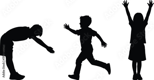 Black silhouette of children playing, boy running and jumping, girl with arms raised in joy, active kids having fun on white