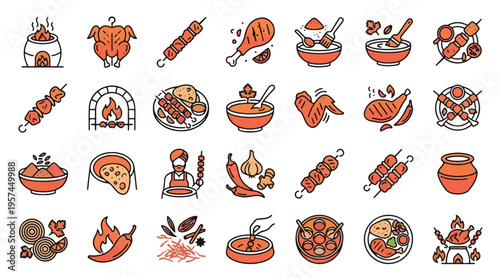 Tandoori Indian Cuisine Icon Set in Line Style. A collection of linear icons representing chicken, kebabs, spices, naan bread, tandoor oven, skewers, curry