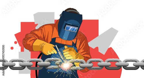Welder repairing a broken chain link with sparks flying, industrial concept