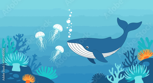 Whale and Jellyfish swimming in blue ocean water with coral reef and bubbles