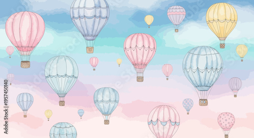 Whimsical Hot Air Balloons Floating in a Pastel Sky