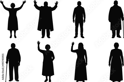 Set of black silhouettes of elderly people, senior men and women standing, waving, and using walking sticks isolated on white