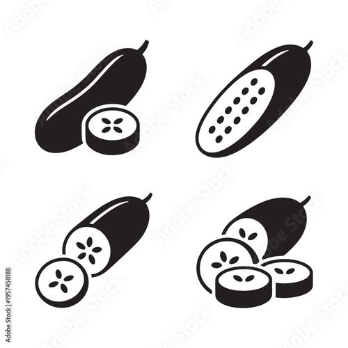 Stylized depictions of bitter melon in various cut and whole forms