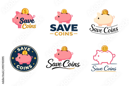 Cute piggy bank logos with coins emphasizing saving money concepts