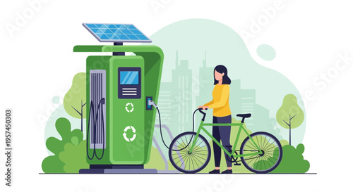 Woman charging electric bicycle at solar-powered station in green city park
