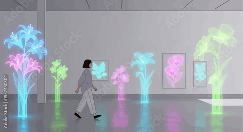 Woman admires holographic glowing flowers in modern art gallery exhibition