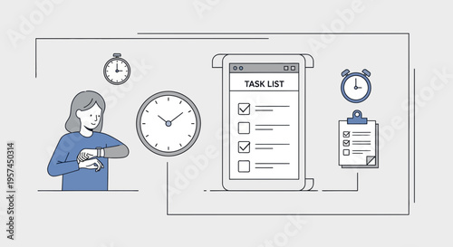 Woman checks smartwatch near clocks and task list, time management concept