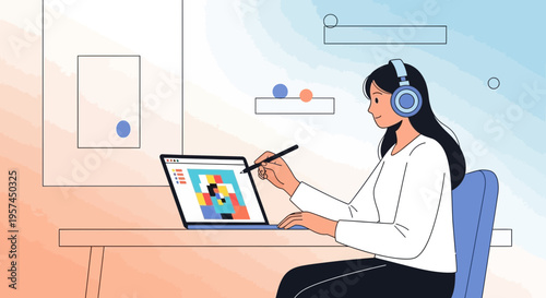 Woman designer with headphones working on laptop and drawing tablet, creative workspace