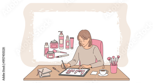 Woman designer creating beauty product packaging on tablet, surrounded by cosmetics