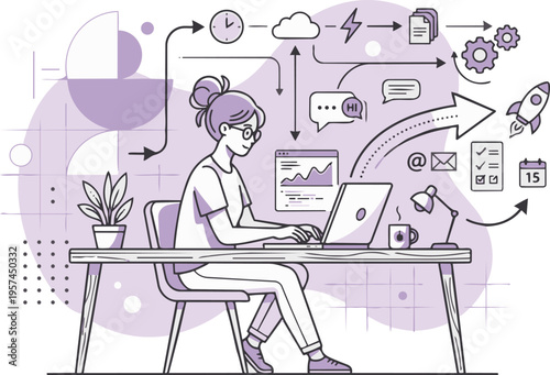 Remote Work Productivity Woman Working on Laptop with Workflow Icons.