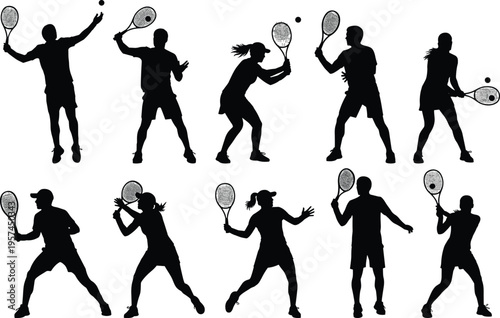 Set of tennis player silhouettes featuring men and women serving, hitting backhand, and volleying, professional sports and active lifestyle concept.