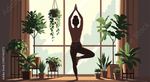 Woman practicing yoga tree pose in a sunlit room filled with houseplants