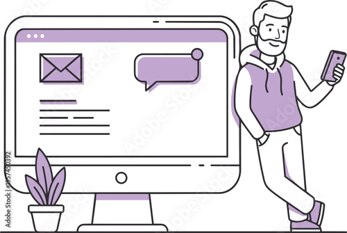 Online Messaging and Email Communication on Desktop Computer Vector Illustration.