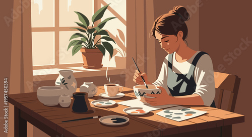 Woman painting ceramic bowl at table with plants and window light
