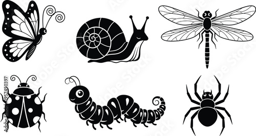 Set of garden insect silhouette icons featuring butterfly snail dragonfly ladybug caterpillar and spider for nature education children graphics and organic garden design projects