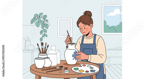 Woman painting ceramic vase at home studio, creative hobby and leisure