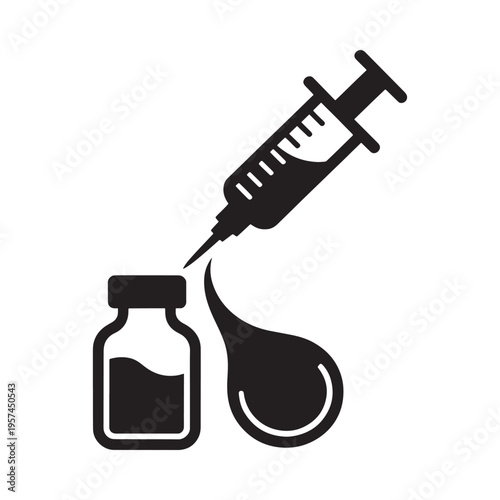 A black silhouette depicts a syringe vial and droplet of liquid