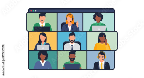 Diverse People in Online Video Conference Call Grid. Virtual Team Meeting, Remote Work, and Web Communication Concept