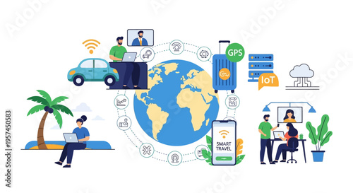 Smart Travel and Remote Work Global Network with IoT Connectivity. Digital Nomad Lifestyle, Hybrid Collaboration, and Modern Technology Solutions.