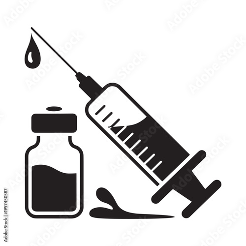 Black and white illustration of a syringe vial and droplet