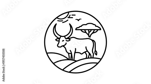 Minimalist Line Art of Bull in a Savanna Landscape