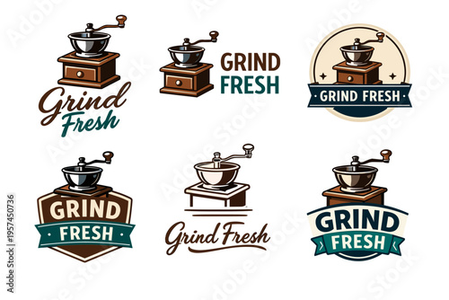 Vintage coffee grinder logos with slogan "grind fresh" in various styles