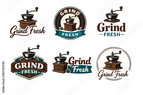 Vintage coffee grinder logos with "grind fresh" text in various designs