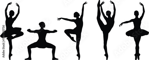 Set of ballerina silhouettes performing classical ballet poses, graceful dancers in tutus on white background, dance and art performance concept.