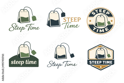 Variety of steep time tea logos featuring iconic teabag designs