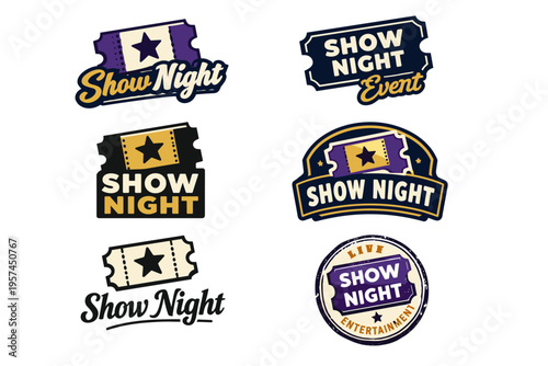 Collection of show night event logos featuring tickets and stars