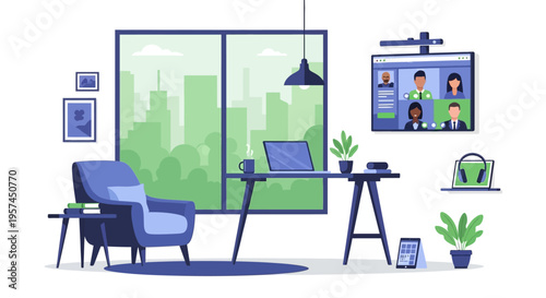 Modern Home Office with Video Conference Call and Urban View - Remote Work Concept Illustration