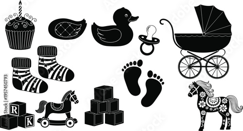 Set of vintage baby silhouette icons including rocking horse rubber duck stroller blocks socks cupcake and footprints for nursery decor baby shower and childhood designs