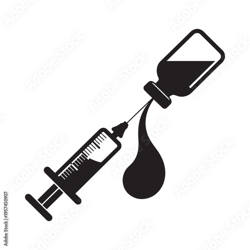 Black silhouette of a syringe with a drop of liquid escaping