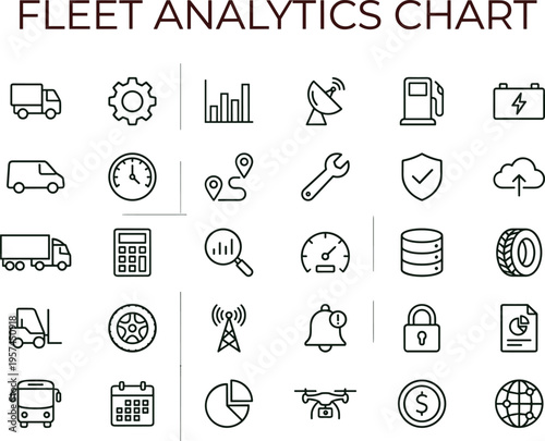 Fleet analytics chart outline icon set featuring vehicle monitoring logistics data dashboard interface symbols for transport management systems