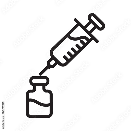 A black outline illustration depicting a syringe and a vial
